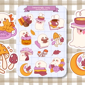 Feuille d'autocollants fantômes douillets - Stickers automne mignons - Stickers coupe baiser kawaii - Esthétique pour agenda de journal - Vinyle imperméable mystique sorcière