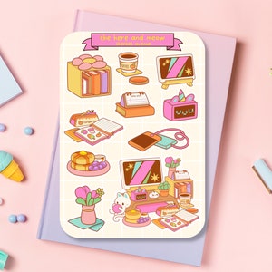 Jolie feuille d'autocollants - pack d'autocollants kawaii - mini autocollants alimentaires - étude de chat dessinée à la main