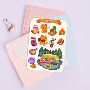 Folha de adesivos fofos - Pacote de adesivos Kawaii - Mini adesivos de comida - Gato de acampamento desenhado à mão