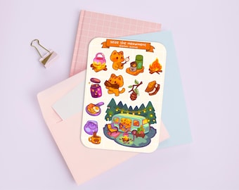 Arkusz naklejek Cute - Kawaii Sticker Pack - Miniaturowe naklejki z jedzeniem - Ręcznie rysowany kot kempingowy
