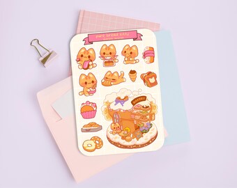Cute Sticker Sheet - Kawaii Sticker Pack - Mini Flower Stickers - Handdrawn Bread Cat