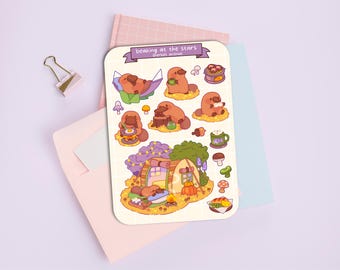 Stargazing Platypus Sticker Sheet - Handdrawn Kawaii Animal Stickers