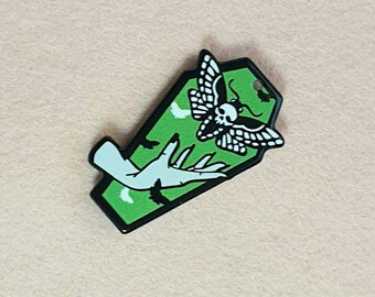 Green Coffin Needle Minder - Magnetic Needle Holder - Creepy Cross Stitch Accessory - Death Moth Embroidery