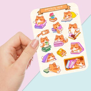Folha de adesivos fofos - Pacote de adesivos Kawaii - Mini adesivos de comida - Gato literário desenhado à mão