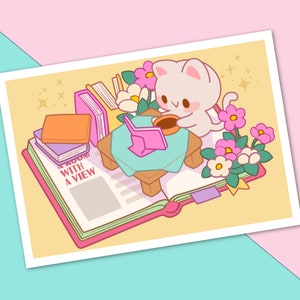 Bücherwurm Katze Art Print - Süße Kitty Postkarte - Kawaii Tier Wand Kunst A5 - Geschenk für Schreibwaren Liebhaber