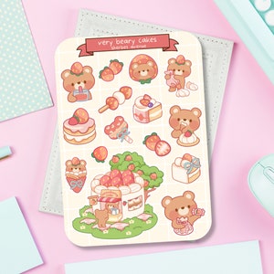 Hoja de calcomanías de oso de fresa - Lindas calcomanías de papel mate - Calcomanías troqueladas de gato kawaii - Estética de planificador de diario - Vinilo resistente al agua