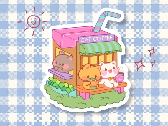 Cute Cat Sticker - Animal Matte Paper Decals - Kawaii Kitty Die Cut Stickers - Journal Planner Aesthetic Coffee