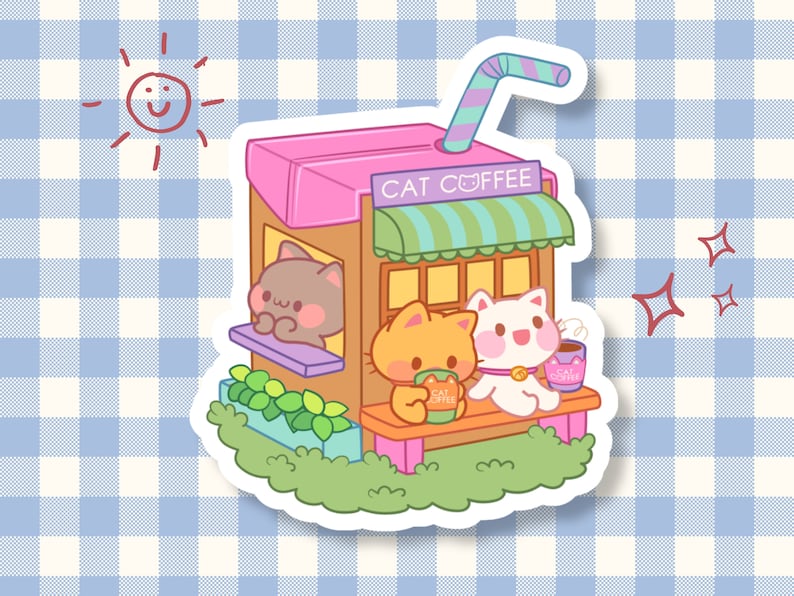 Cute Cat Sticker - Animal Matte Paper Decals - Kawaii Kitty Die Cut Stickers - Journal Planner Aesthetic Coffee