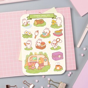 Süßer Sticker Bogen - Kawaii Sticker Pack - Mini Essen Sticker - Handgezeichneter Camping Hase