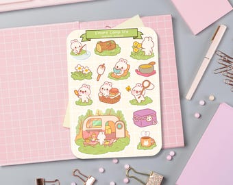 Camping Bunny Sticker Sheet - Handdrawn Mini Food Stickers