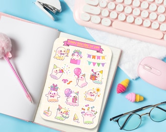 Birthday Ghost Sticker Sheet - Cute Birthday Stickers - Kawaii Gift Kiss Cut Stickers - Journal Planner Aesthetic