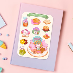 Süßer Aufkleber Bogen - Kawaii Sticker Pack - Mini Essen Aufkleber - Handgezeichnete Bären Donuts