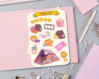 Arkusz uroczych naklejek - Kawaii Sticker Pack - Mini naklejki z jedzeniem - Ręcznie rysowany koci wieczór filmowy