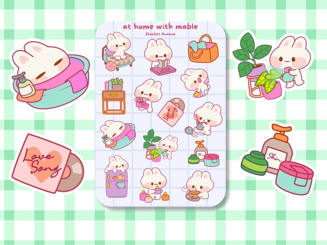 Bunny Vinyl Sticker Sheet - Cute Rabbit Planner Stickers - Kawaii Kiss ...