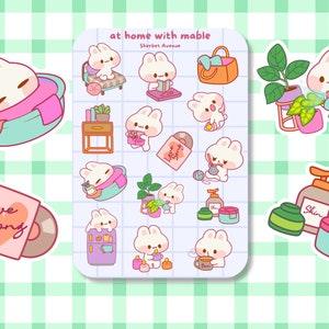 Feuille d'autocollants en vinyle lapin - Stickers planificateur lapin mignon - Stickers coupe baiser kawaii - Stickers journal