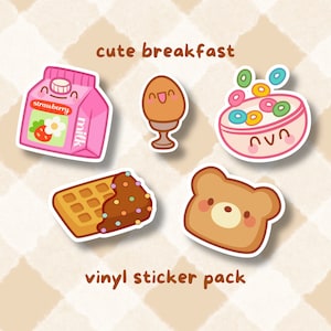 Lindo conjunto de pegatinas de vinilo - Pegatinas troqueladas de desayuno Kawaii - Mini pegatinas de comida - Pegatinas decorativas funcionales