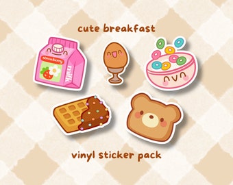 Lindo conjunto de pegatinas de vinilo - Pegatinas troqueladas de desayuno Kawaii - Mini pegatinas de comida - Pegatinas decorativas funcionales