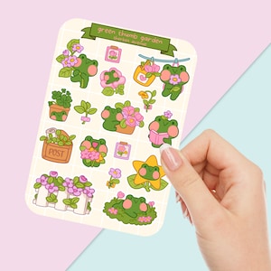 Linda hoja de pegatinas - Paquete de pegatinas Kawaii - Mini pegatinas de alimentos - Jardín de ranas dibujado a mano