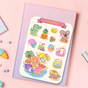 Süßer Aufkleber Bogen - Kawaii Sticker Pack - Mini Essen Aufkleber - Handgezeichnetes Tier Strandparty