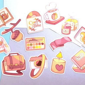Pack d'autocollants confortables et hygiéniques - Ensemble d'autocollants kawaii découpés - Autocollants automne en vinyle pour ordinateur portable
