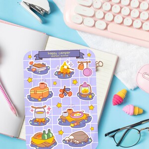 Süßer Sticker Bogen - Kawaii Sticker Pack - Mini Essen Sticker - Handgezeichnet Camping