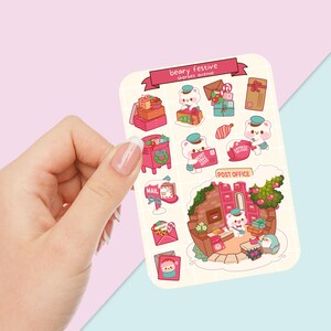 Jolie feuille d'autocollants - Pack d'autocollants kawaii - Stickers mini fleurs - Ours de Noël dessiné à la main