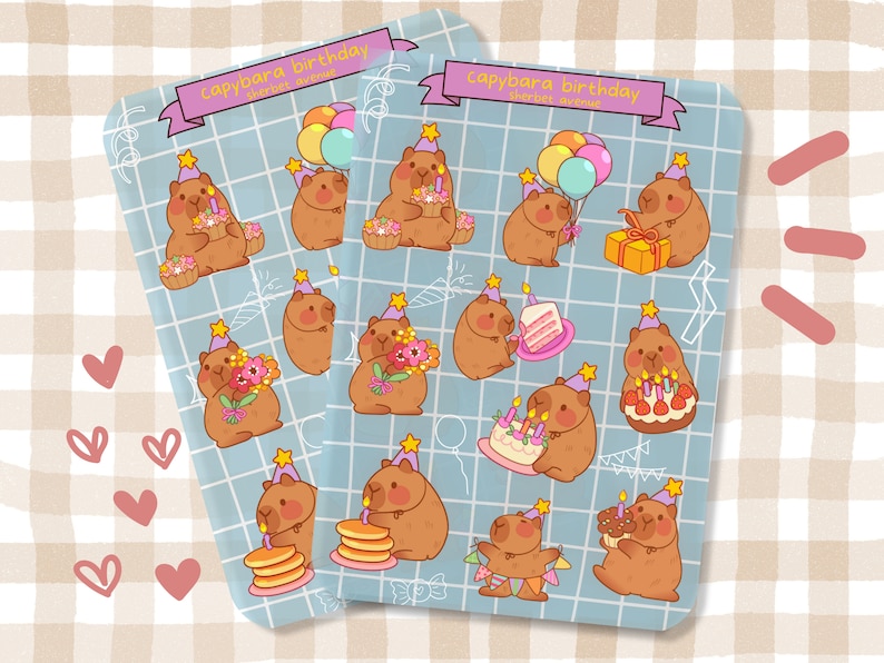 May include: A set of 16 colorful stickers featuring capybaras celebrating birthdays. The stickers feature capybaras wearing party hats, holding birthday cakes, balloons, and gifts. The stickers are on a blue background with a grid pattern.