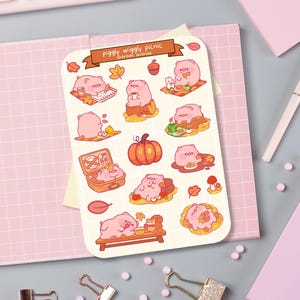 Süßer Aufkleber Bogen - Kawaii Sticker Pack - Mini Blumen Aufkleber - Handgezeichnetes Schweinchen Picknick