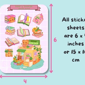 May include: A sticker sheet featuring a cute bear-themed bookstore with a bear holding a cup of tea, stacks of books, and a sign that says "BEAR GOOD BOOKSHOP". The sheet is 6 inches by 4 inches and includes other cute bear and book-themed stickers.