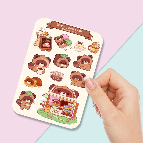 Cute Sticker Sheet - Kawaii Sticker Pack - Mini Food Stickers - Handdrawn Racoon Cafe