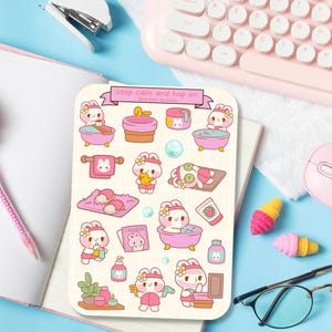 Süßer Aufkleber Bogen - Kawaii Sticker Pack - Mini Essen Aufkleber - Handgezeichnetes Self-Care Häschen