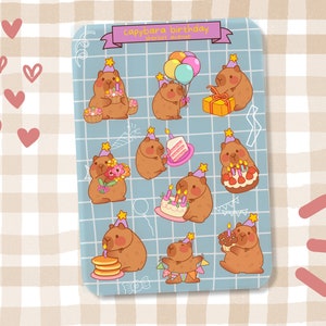 Birthday Capybara Sticker Sheet - Cute Birthday Stickers - Kawaii Animal Kiss Cut Stickers - Journal Planner Aesthetic