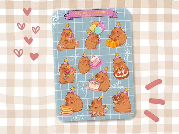 Birthday Capybara Sticker Sheet - Cute Birthday Stickers - Kawaii Animal Kiss Cut Stickers - Journal Planner Aesthetic