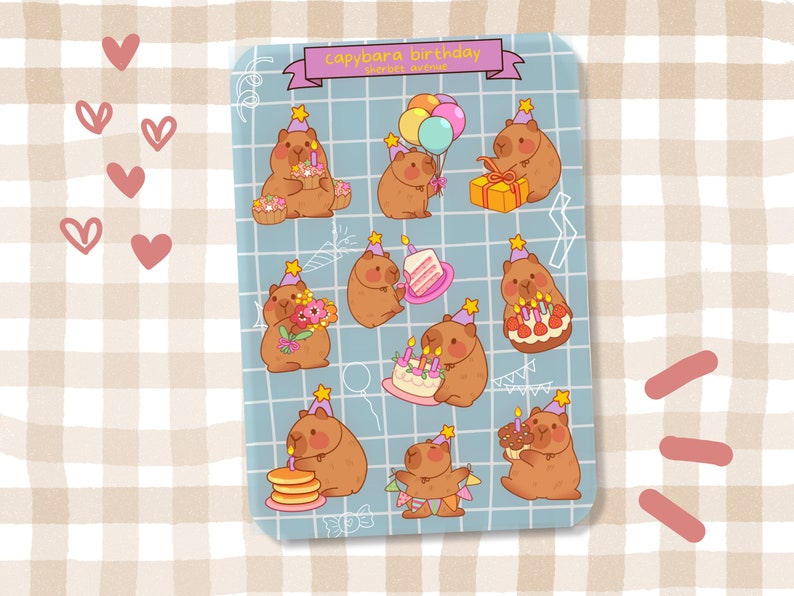 May include: A sheet of stickers featuring cute capybara illustrations celebrating a birthday. The stickers feature capybaras wearing party hats, holding gifts, and enjoying birthday cake. The sheet is titled "capybara birthday sticker album".