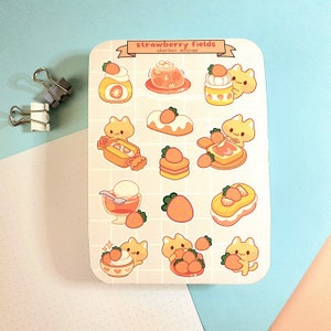Erdbeer Katzen Sticker Blatt - Niedliche Matt Papier Aufkleber - Kawaii Katze Kuss Cut Aufkleber - Journal Planer Ästhetik - Wasserdichtes Vinyl