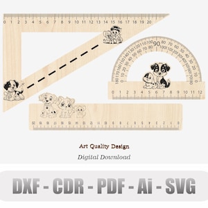 Peut inclure: Un ensemble de trois règles en bois sur le thème des chiens. Les règles comprennent un rapporteur d'angles, une règle droite et une équerre. Chaque règle présente un design de chien différent.