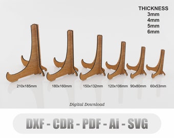 Lasergesneden Easel Stand 6 formaat, Plaatstandaard, Fotolijstweergave, Glowforge lasergesneden bestand, Svg, Cdr, Ai, Pdf, Dxf