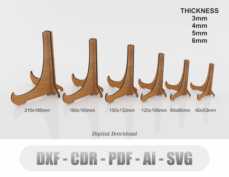 Puede incluir: Seis soportes de exhibici&oacute;n de madera de diferentes tama&ntilde;os, que van desde 60x53mm hasta 210x185mm. Los soportes est&aacute;n hechos de madera y tienen un acabado natural. Los soportes est&aacute;n dise&ntilde;ados para sostener art&iacute;culos como fotos, obras de arte u otros objetos peque&ntilde;os. La imagen tambi&eacute;n incluye el texto "THICKNESS 3mm 4mm 5mm 6mm" y "Digital Download DXF-CDR-PDF - Ai - SVG".