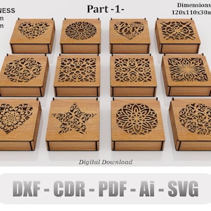 Dekorative Geschenkbox 12 Verschiedene Muster-Laserschnittdateien, Schmuckschatulle mit Deckel, Vektor-Svg, Cdr, Ai, Pdf, Dxf Für Holz Laserschneiden