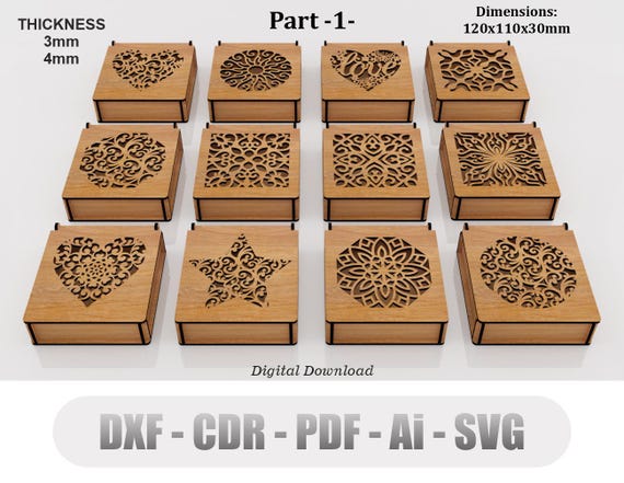 Decorative Gift Box 12 Different Patterns Laser  Cutting Files, Jewelry Box with Lid, Vector Svg, Cdr, Ai, Pdf, Dxf For Wood Laser Cutting