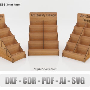 Soporte de exhibición cortado con láser, 4 archivos de soporte de exhibición de estante, archivos vectoriales para corte por láser de madera Dxf, Cdr, Pdf, Ai, Svg