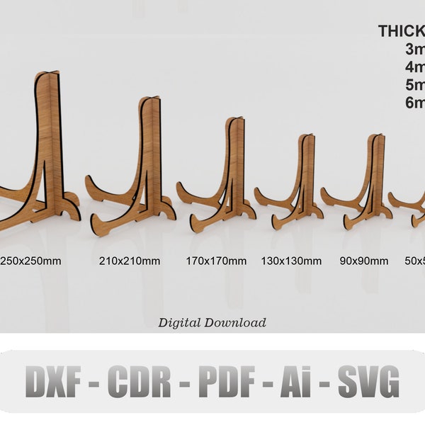 Laser cut Easel Stand 6 size No:1 , Plate Stand, Photo Frame Display, Glowforge laser cut file, Svg, Cdr, Ai, Pdf, Dxf
