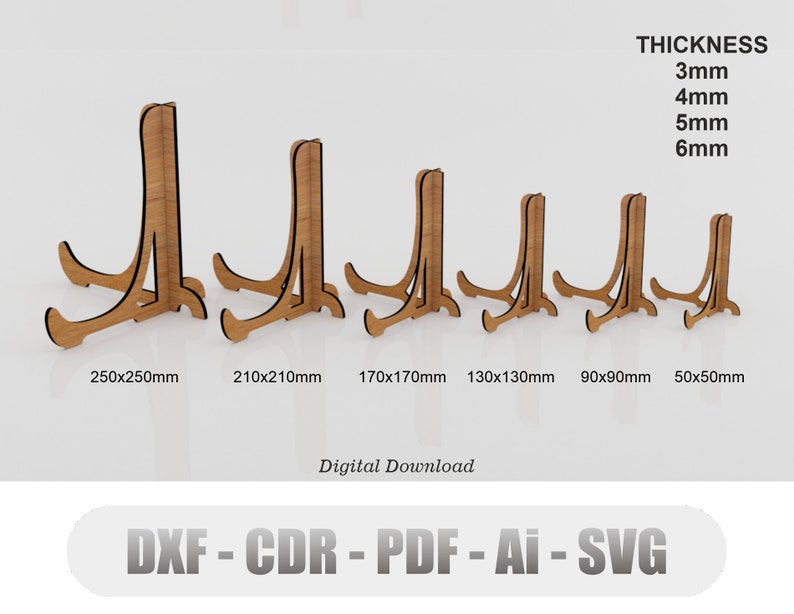 Support de chevalet découpé au laser 6 taille n 1, support pour plaque, présentoir de cadre photo, fichier découpé au laser Glowforge, Svg, Cdr, Ai, Pdf, Dxf image 1