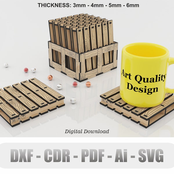 Sous-verre de palette en boîte, fichiers vectoriels pour la découpe laser du bois, fichiers Svg Cdr Ai Pdf Dxf