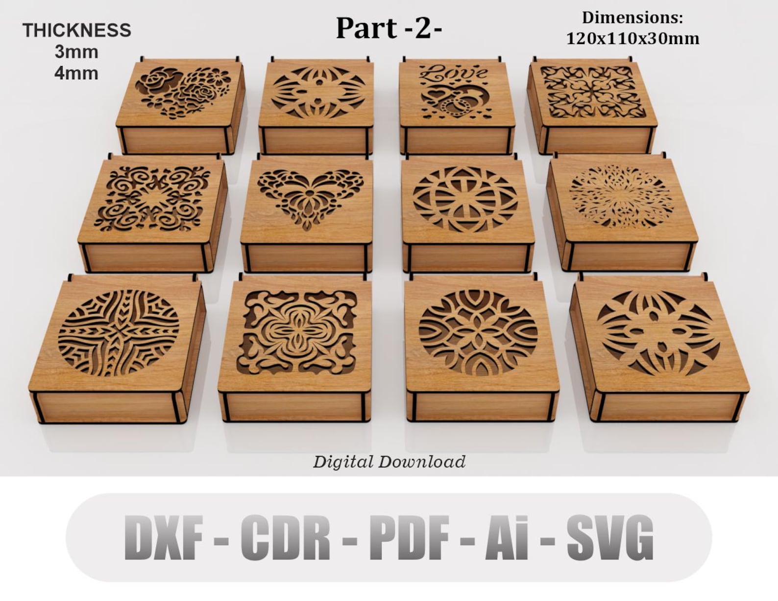 Decorative Gift Box 12 Different Patterns 2 Laser Cutting Files ...