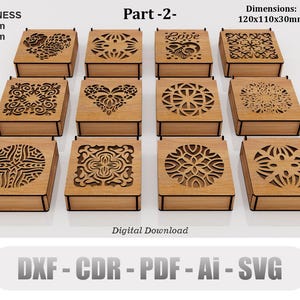 Dekorative Geschenkbox 12 verschiedene Muster 2 Laser-Schnittdateien, Schmuckschatulle mit Deckel, Vektor-Svg, Cdr, Ai, Pdf, Dxf Für Holz Laserschneiden