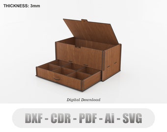 Boîte avec Wrawers, fichiers vectoriels pour la découpe laser du bois Dxf, Cdr, Pdf, Ai, Svg