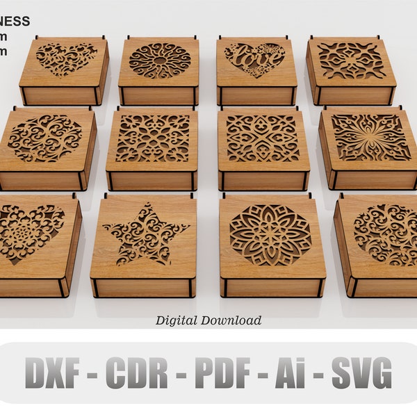 Decorative Gift Box 12 Different Patterns Laser Cutting Files, Jewelry Box with Lid, Vector Svg, Cdr, Ai, Pdf, Dxf For Wood Laser Cutting