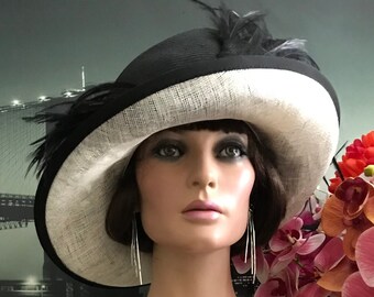 Black and natural occasion hat with dramatic feather detail by Sacs summer / wedding / spring / formal / funeral / Royal Ascot /