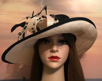 Beautiful black and natural fibre hat with bead and feather detail by Jacques Vert summer / spring / wedding / classic / black / natural